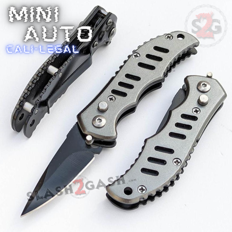 Mini Auto Knife Cali Legal Switchblade w/ Safety - Slotted, Asst. Colors Grey Knife-Auto - Tophatter Daily Deals