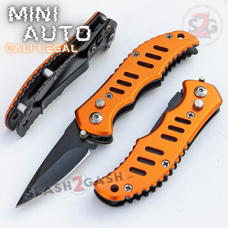 Mini Auto Knife Cali Legal Switchblade w/ Safety - Slotted, Asst. Colors Orange Knife-Auto - Tophatter Daily Deals