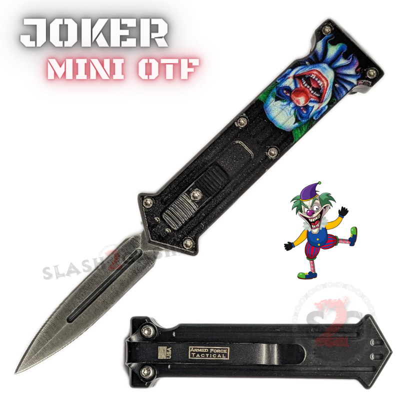 JOKER Mini OTF Knife Small Auto Switchblade Dagger - Asst. colors Black - Joker Clown Knife-OTF - Tophatter Daily Deals