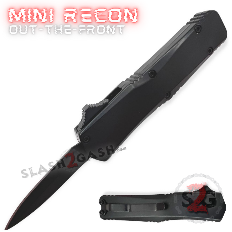 Recon Mini OTF Knife D/A Switchblade Keychain w/ Clip - Black Dagger Black - Double Edge Plain (all black blade) Knife-OTF - Tophatter Daily Deals