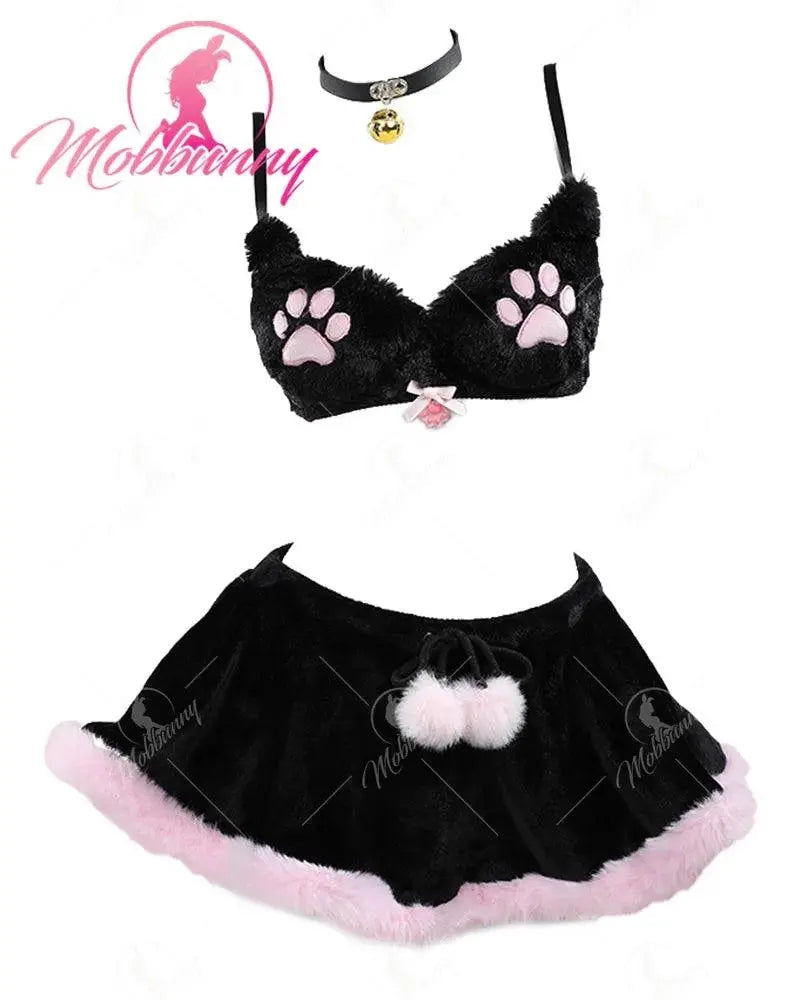 Mobbunny Women's Kawaii Homewear Sexy Lingerie Set Plush Cat Paw Three-Point Top and Panty with Skirt Choker MULTI - Tophatter Daily Deals
