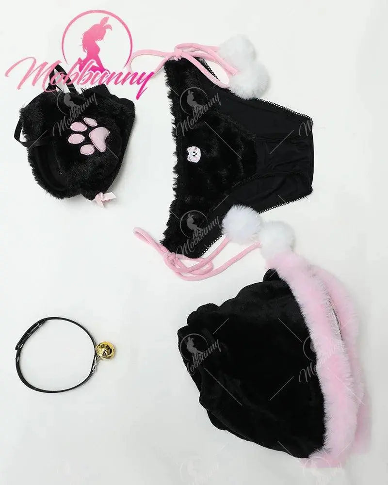 Mobbunny Women's Kawaii Homewear Sexy Lingerie Set Plush Cat Paw Three-Point Top and Panty with Skirt Choker - Tophatter Daily Deals