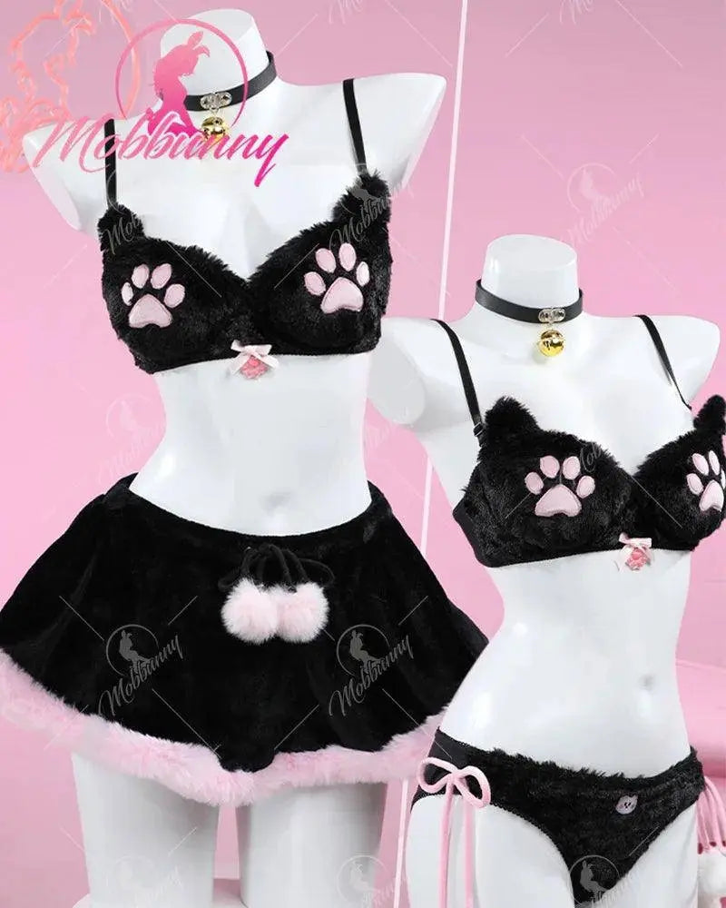 Mobbunny Women's Kawaii Homewear Sexy Lingerie Set Plush Cat Paw Three-Point Top and Panty with Skirt Choker - Tophatter Daily Deals