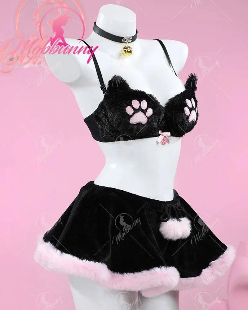 Mobbunny Women's Kawaii Homewear Sexy Lingerie Set Plush Cat Paw Three-Point Top and Panty with Skirt Choker - Tophatter Daily Deals