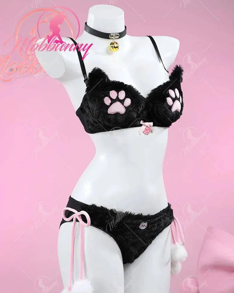 Mobbunny Women's Kawaii Homewear Sexy Lingerie Set Plush Cat Paw Three-Point Top and Panty with Skirt Choker - Tophatter Daily Deals