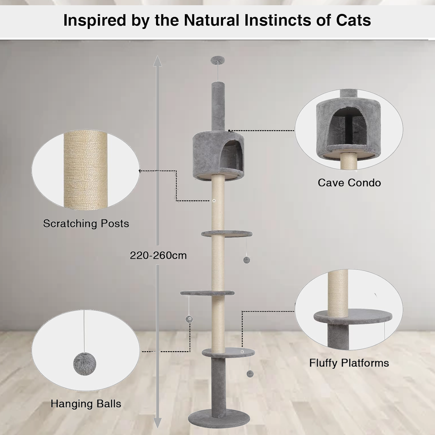 Floor To Ceiling Cat Tree – 220-260cm 4-Tier Climbing Tower Tall Scratching Post for Cats pet - Tophatter Daily Deals