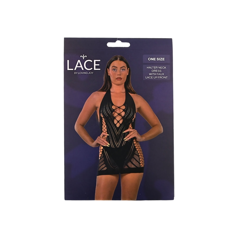 Lace by LJ Halter Neck Dress with Faux Lace-Up Front – Lingerie > Clothes > Dresses and Chemises - Tophatter Daily Deals