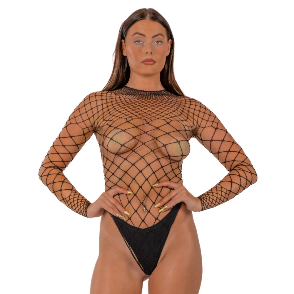Lace by LJ Fence Net Long-Sleeved Thong Bodysuit – Lingerie > Clothes > Bodies and Playsuits - Tophatter Daily Deals
