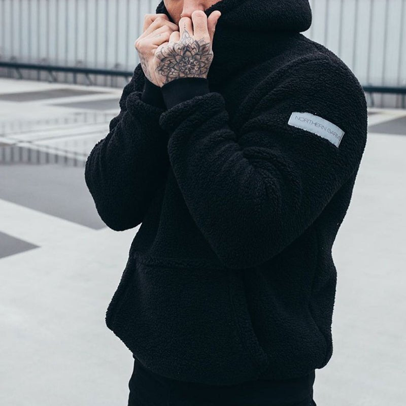 Insulating Mens Hooded Pullover - Sherpa Fleece, Casual Black - Tophatter Daily Deals