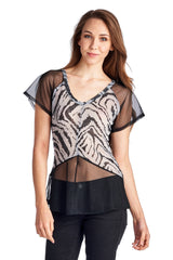 Women's Animal Print Burnout Mesh V-Neck Top Black 30 Tops - Tophatter Daily Deals