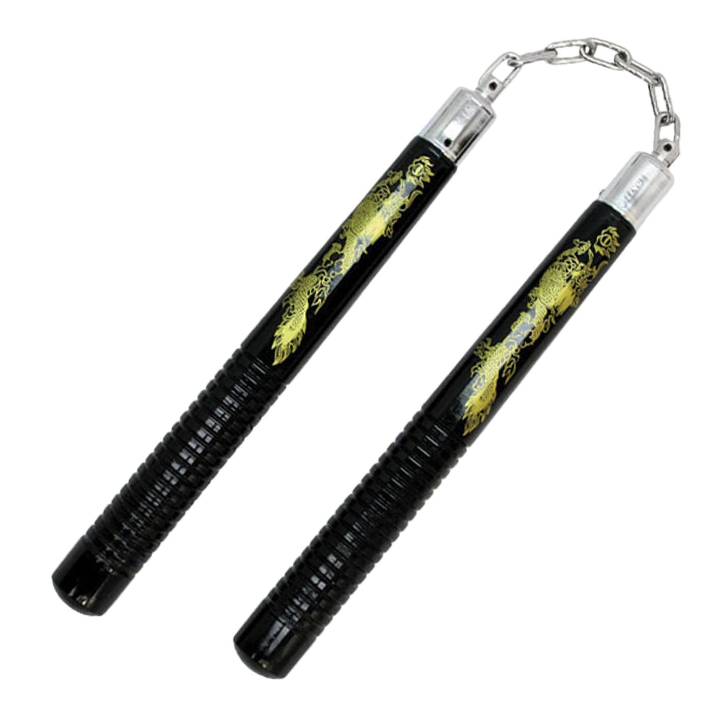 12 inch Black Finish Wood Nunchaku with Gold Dragon Graphics Collectible Weapons - Tophatter Daily Deals