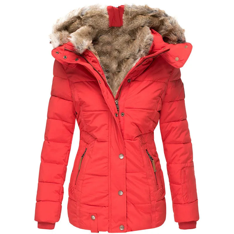 Warm Women’s Winter Coat - Quilted Midlength, Faux Fur Hood Red - Tophatter Daily Deals