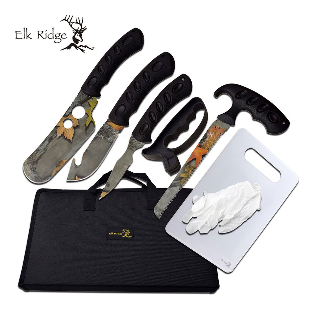 Hunting Knife Set 8-Pc. Camo Blade Skinning Kit + Case, Sharpener - TOPHATTER'S ARMORY DEALS Collectible Weapons - Tophatter Daily Deals
