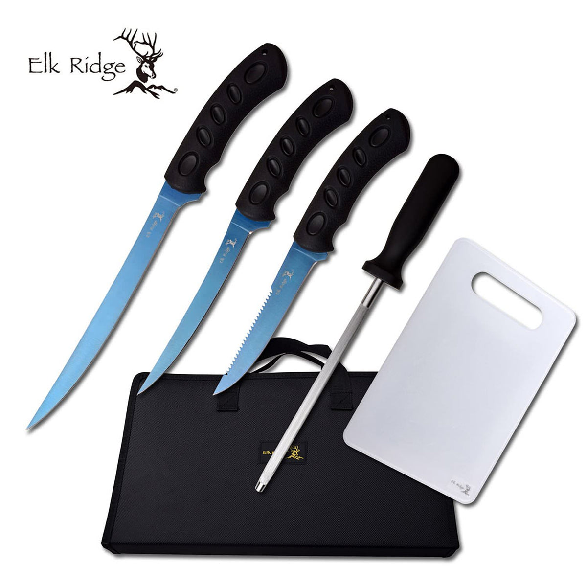 Hunting Knife Set 5-Pc. Blue Titanium Fishing Fillet Blade Kit + Case - Tophatter's Inc. Weapons Store Online Collectible Weapons - Tophatter Daily Deals