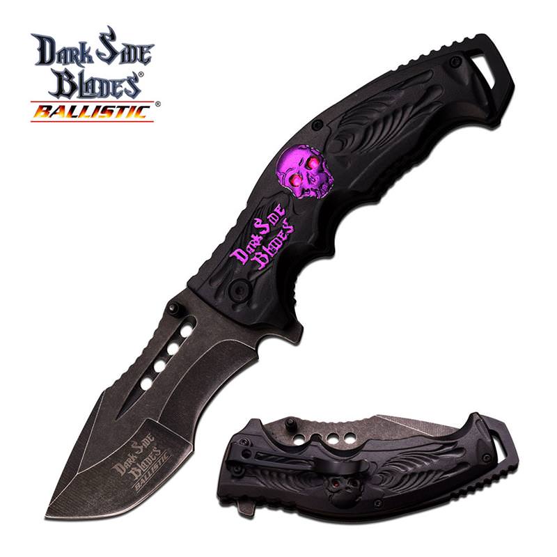 Dark Side Blades Ballistic Skull Medallion Spring Assisted Open Knife Purple - Tophatter's Army Products & Self Defense Collectible Weapons - Tophatter Daily Deals