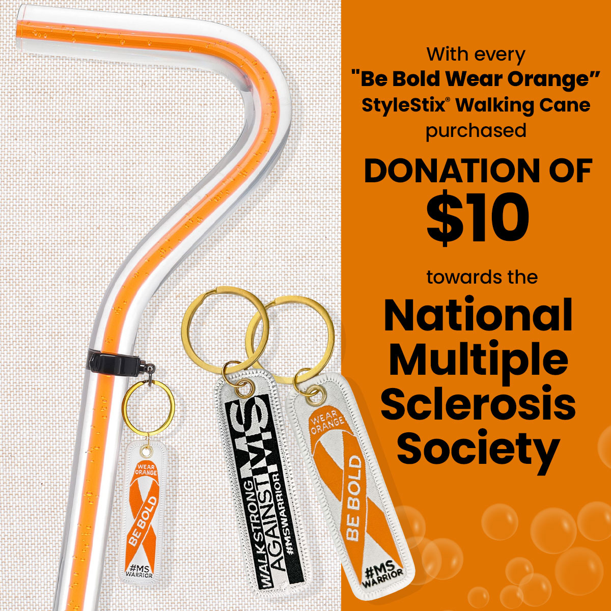 "Be Bold Wear Orange" Cane: Orange Streak w/ Floating Bubbles in Clear Shaft