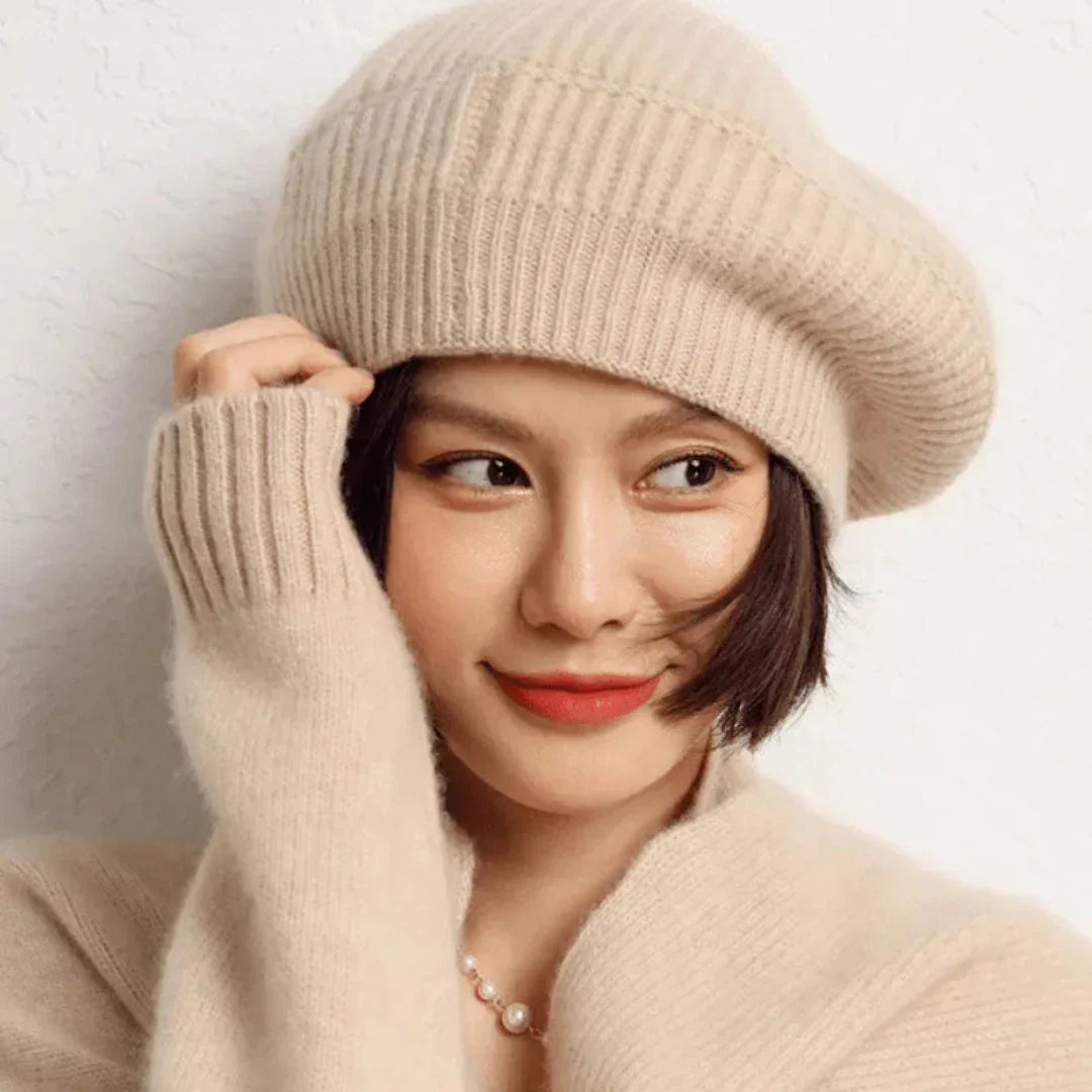 Soft Women’s Cashmere Beret – Ribbed Foldover Band, Winter Beige - Tophatter Daily Deals