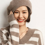 Soft Women’s Cashmere Beret – Ribbed Foldover Band, Winter Khaki - Tophatter Daily Deals