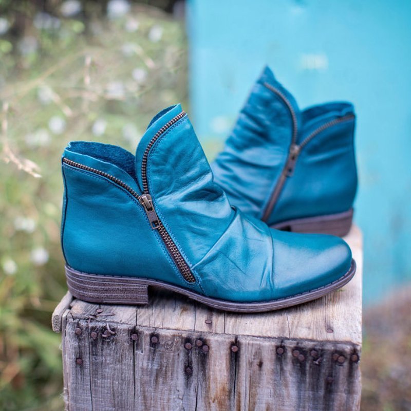 Warm Women’s Ankle Boots - Slouchy Zip Leather, For Fall Blue - Tophatter Daily Deals