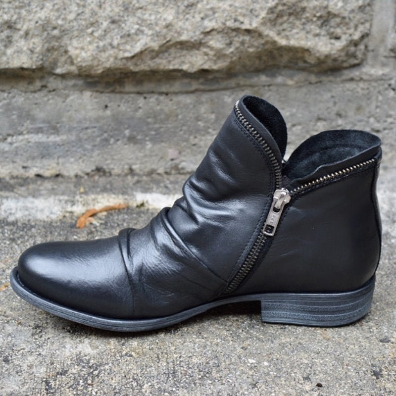 Warm Women’s Ankle Boots - Slouchy Zip Leather, For Fall Black - Tophatter Daily Deals