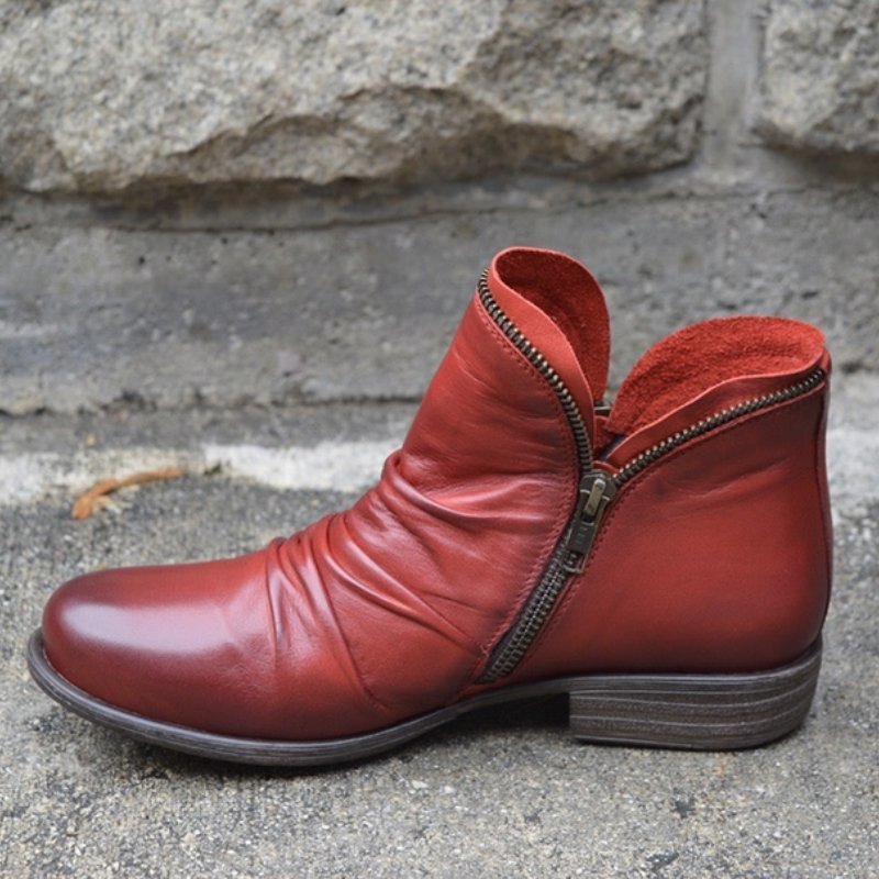 Warm Women’s Ankle Boots - Slouchy Zip Leather, For Fall Red - Tophatter Daily Deals