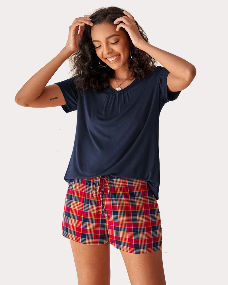 Plaid Shorts Pajama Set Nightwear Pjs Stripes Sleepwears-Pajamas Sets - Tophatter Daily Deals