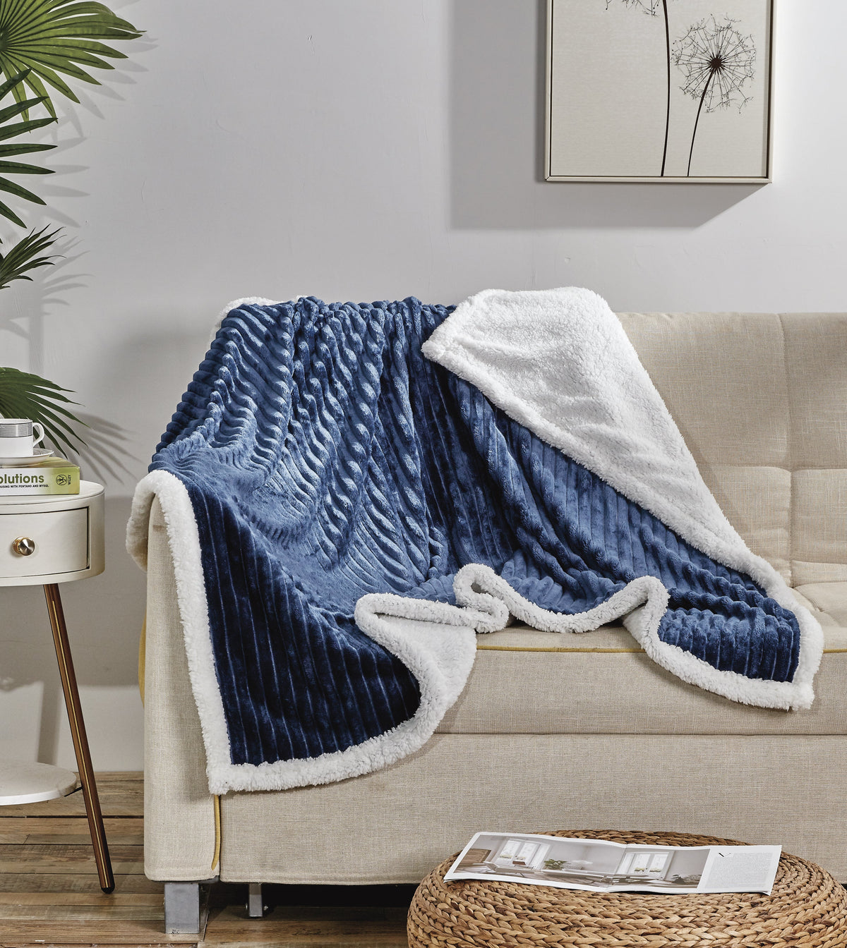 Corduroy Sherpa Reversible Throw Blanket, 50 × 60 in Navy Bedding - Tophatter Daily Deals
