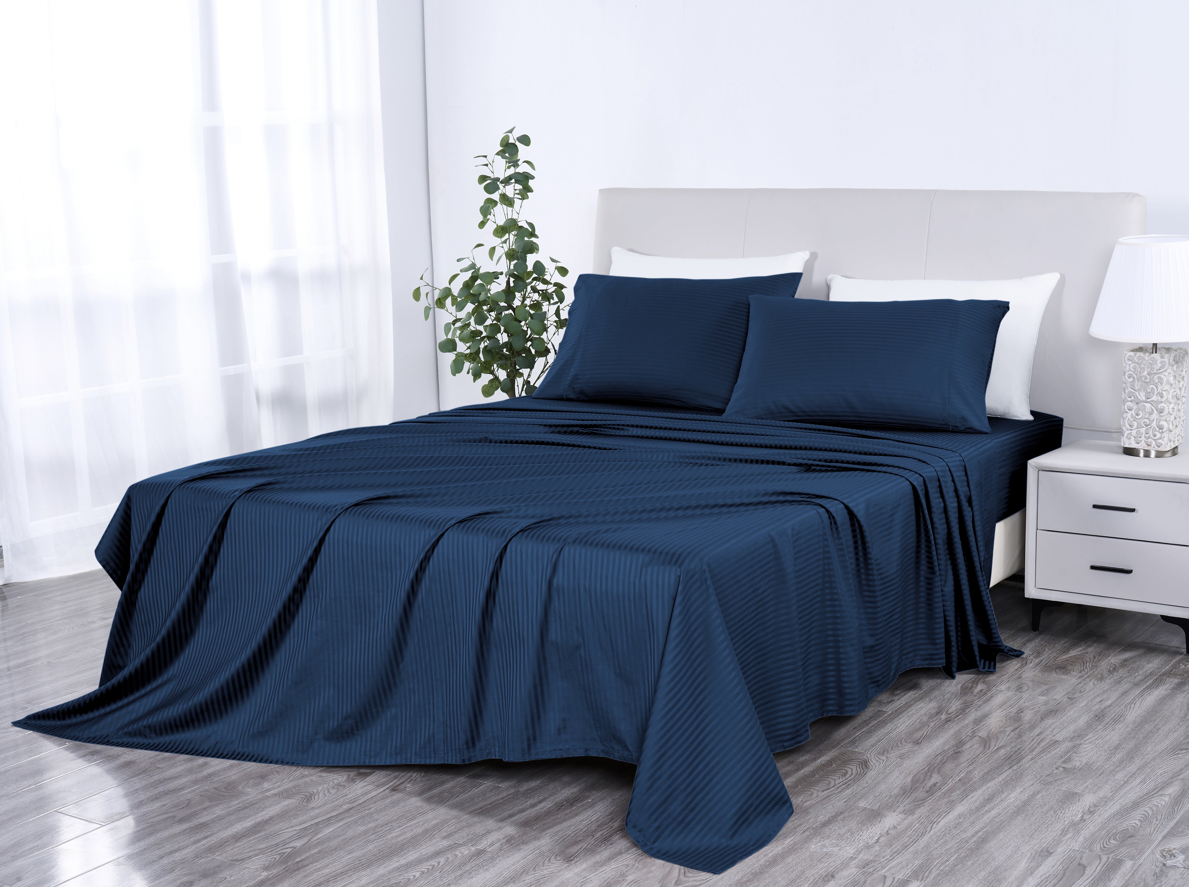 Kathy Ireland 500 Thread Count Damask Stripe Sheet Set with Optifit Navy Bedding - Tophatter Daily Deals
