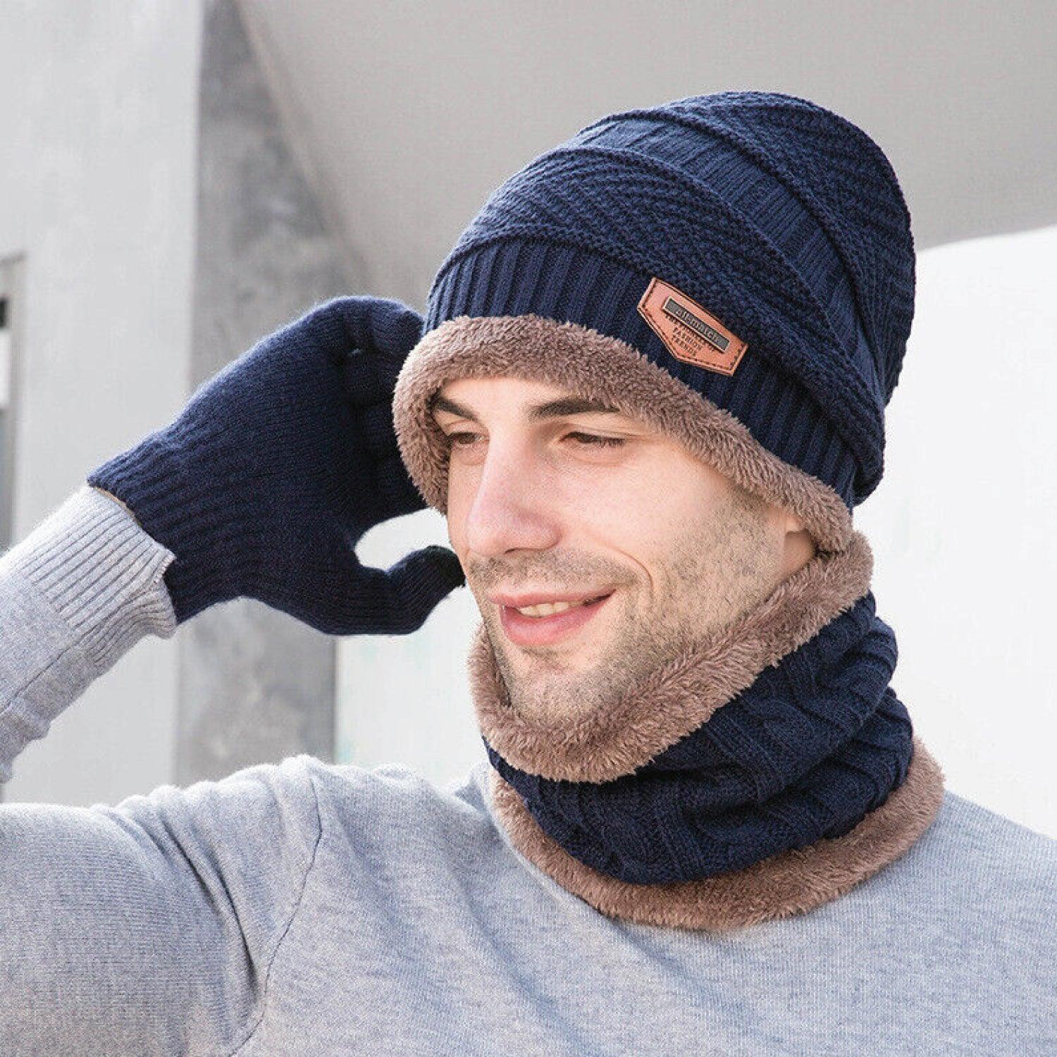 Hat Scarf and Gloves Set - 3pcs Mens Winter Thermal Beanie Knit Hat Glove Neck Scarf Set Men Ski Snow Caps Navy Winter Warm - Tophatter Daily Deals
