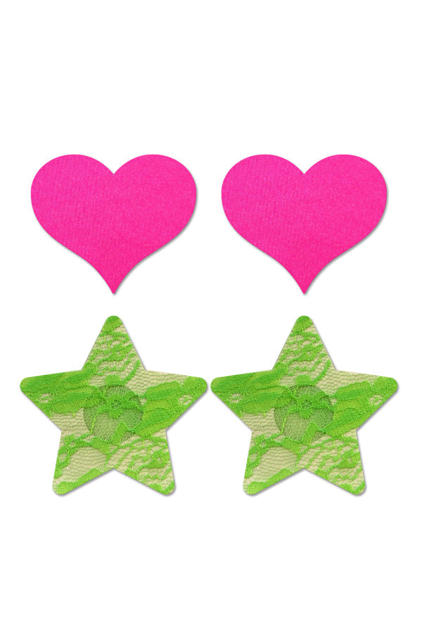 2-Pack Neon Pink Solid Heart & Neon Green Lace Star Pasties - Tophatter Daily Deals