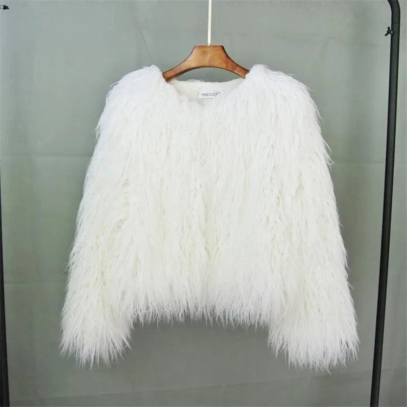 New Autumn Winter Warm Women Faux Fur Coat Loose Black White Pink Plush Coat Female Fur Jacket WHITE - Tophatter Daily Deals