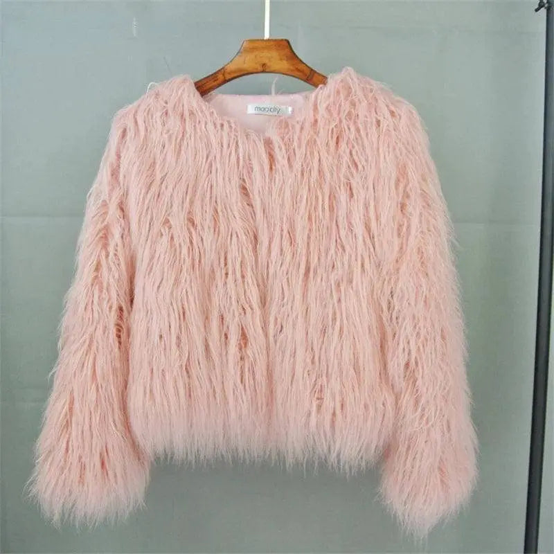 New Autumn Winter Warm Women Faux Fur Coat Loose Black White Pink Plush Coat Female Fur Jacket Pink - Tophatter Daily Deals