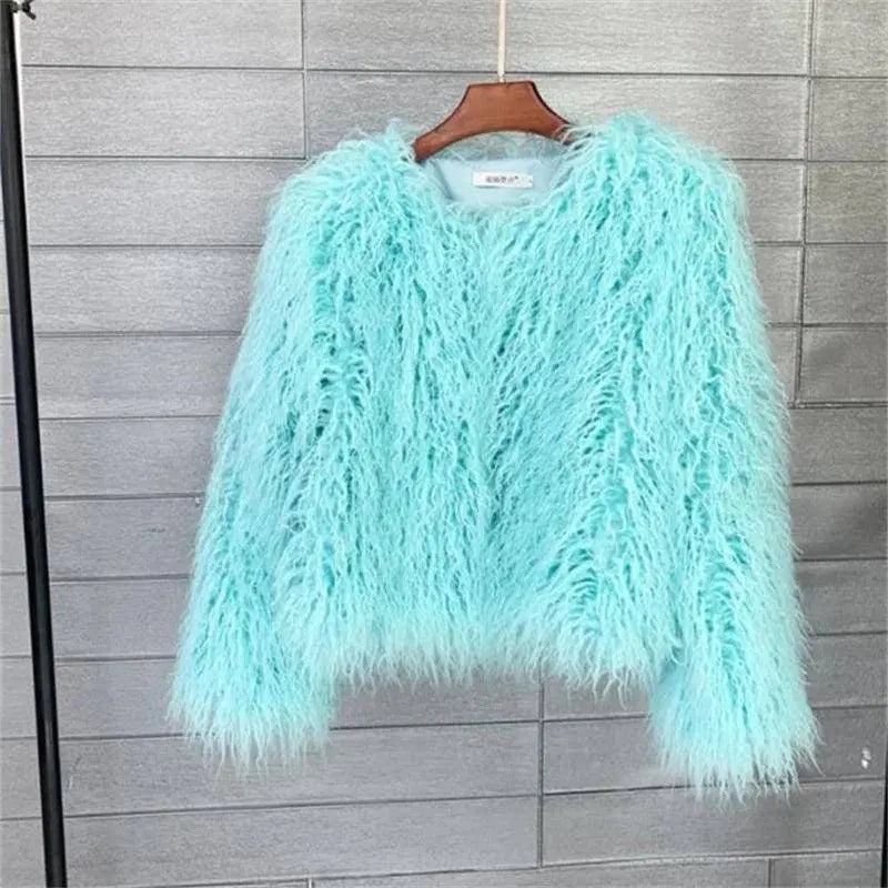 New Autumn Winter Warm Women Faux Fur Coat Loose Black White Pink Plush Coat Female Fur Jacket Light Blue - Tophatter Daily Deals