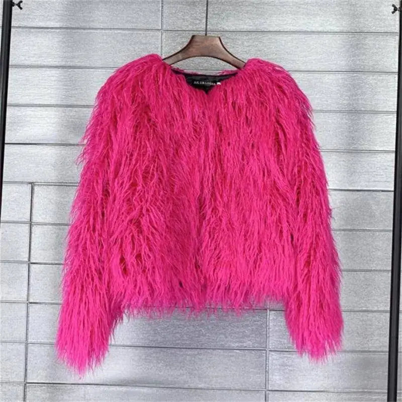 New Autumn Winter Warm Women Faux Fur Coat Loose Black White Pink Plush Coat Female Fur Jacket Rose Red - Tophatter Daily Deals