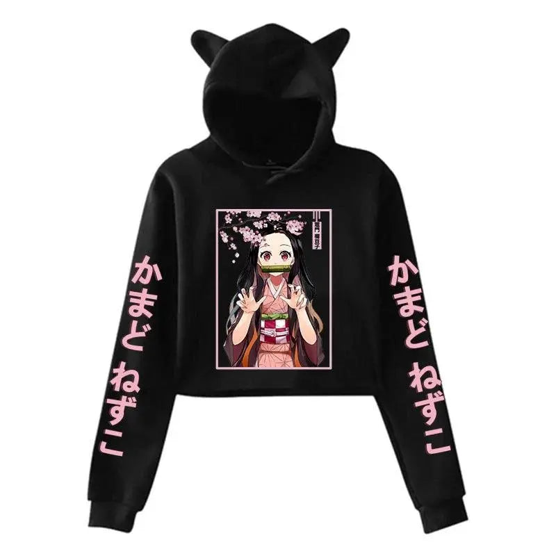 New Fashion Women Girl Hoodie Kamado Nezuko Long Sleeve Cat Ear Streetwear Pullover Harajuku Anime Short Tops - Tophatter Daily Deals