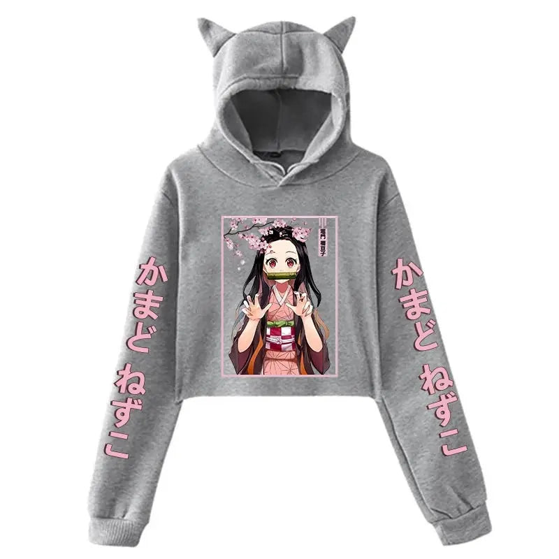 New Fashion Women Girl Hoodie Kamado Nezuko Long Sleeve Cat Ear Streetwear Pullover Harajuku Anime Short Tops - Tophatter Daily Deals