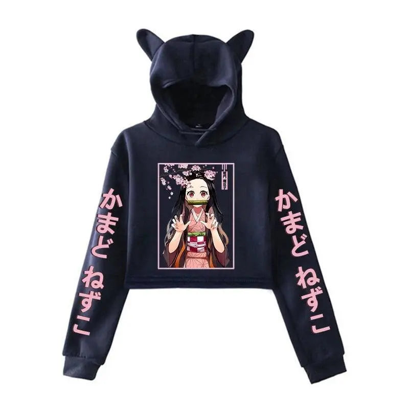 New Fashion Women Girl Hoodie Kamado Nezuko Long Sleeve Cat Ear Streetwear Pullover Harajuku Anime Short Tops Navy Blue - Tophatter Daily Deals