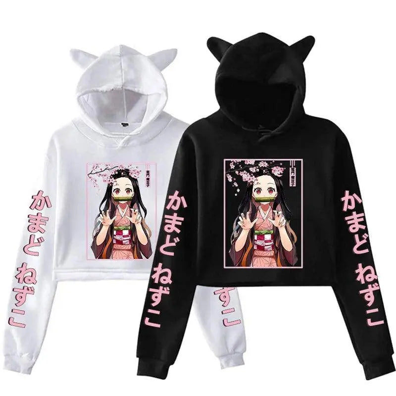 New Fashion Women Girl Hoodie Kamado Nezuko Long Sleeve Cat Ear Streetwear Pullover Harajuku Anime Short Tops - Tophatter Daily Deals
