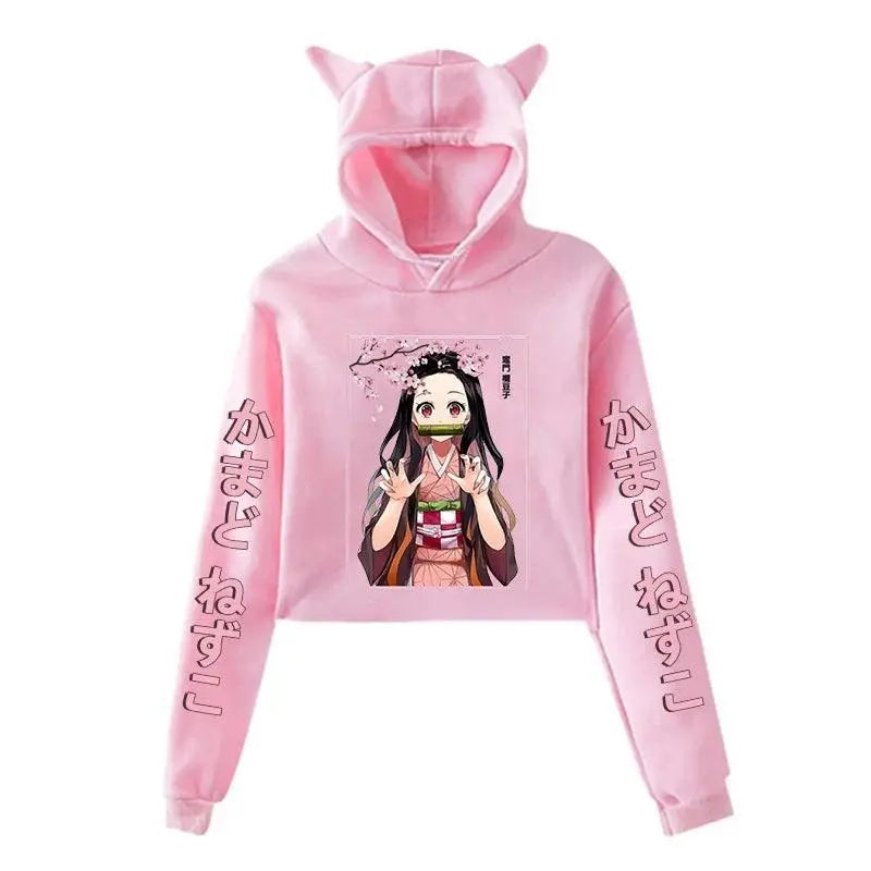 New Fashion Women Girl Hoodie Kamado Nezuko Long Sleeve Cat Ear Streetwear Pullover Harajuku Anime Short Tops - Tophatter Daily Deals