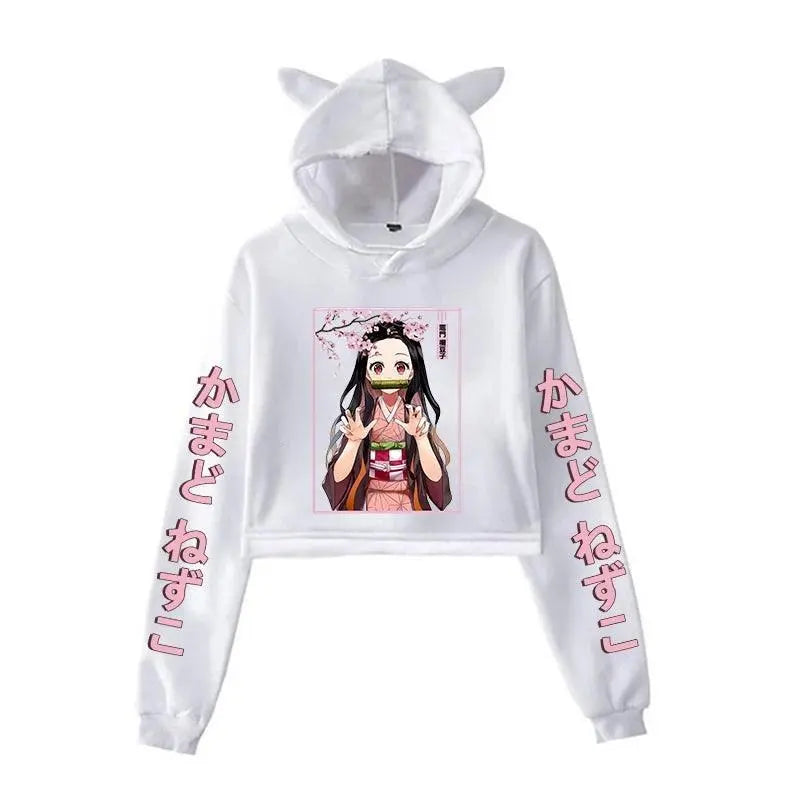 New Fashion Women Girl Hoodie Kamado Nezuko Long Sleeve Cat Ear Streetwear Pullover Harajuku Anime Short Tops - Tophatter Daily Deals
