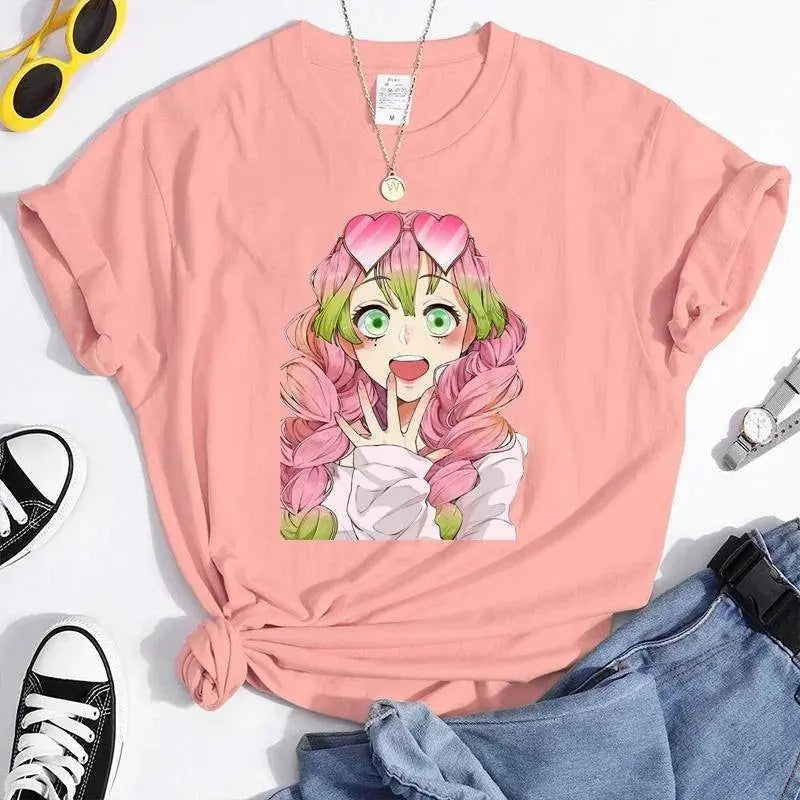 New Kanroji Mitsuri Graphic Print T Shirt Women Summer Casual Round Neck Cozy Short Sleeve Streetwear Fashion Anime Harajuku Tee Pink - Tophatter Daily Deals