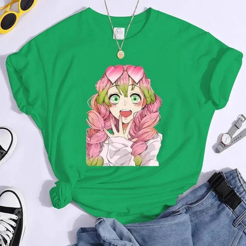 New Kanroji Mitsuri Graphic Print T Shirt Women Summer Casual Round Neck Cozy Short Sleeve Streetwear Fashion Anime Harajuku Tee Green - Tophatter Daily Deals