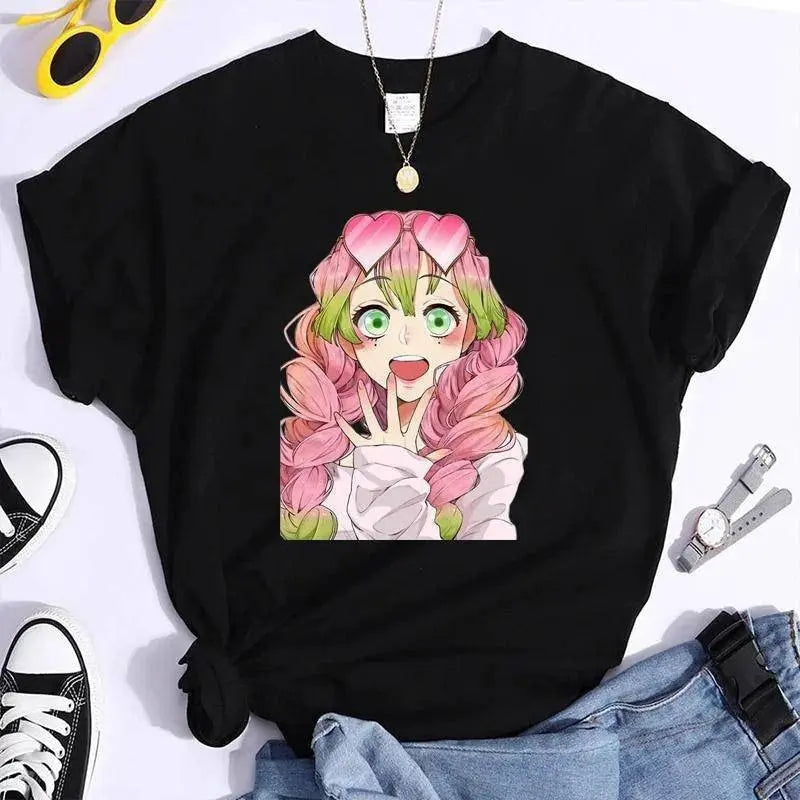 New Kanroji Mitsuri Graphic Print T Shirt Women Summer Casual Round Neck Cozy Short Sleeve Streetwear Fashion Anime Harajuku Tee Black - Tophatter Daily Deals