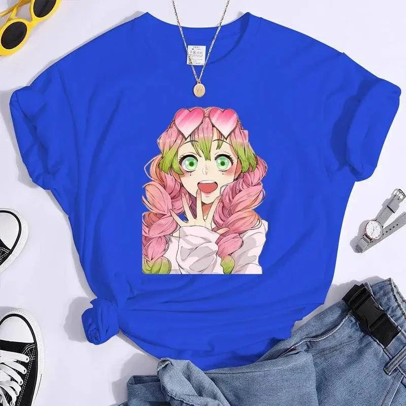 New Kanroji Mitsuri Graphic Print T Shirt Women Summer Casual Round Neck Cozy Short Sleeve Streetwear Fashion Anime Harajuku Tee Blue - Tophatter Daily Deals