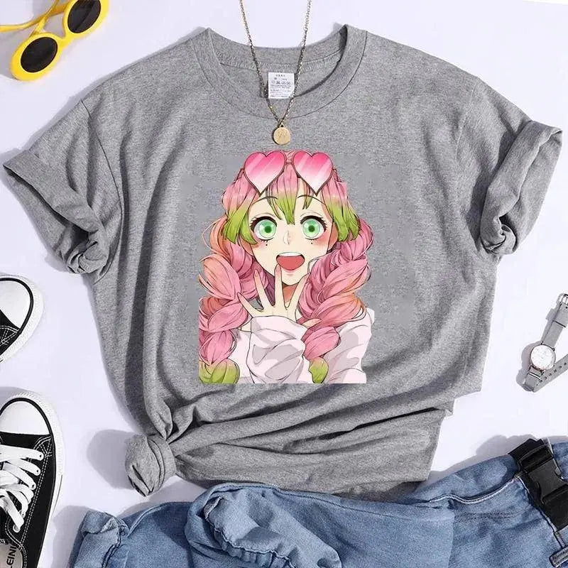 New Kanroji Mitsuri Graphic Print T Shirt Women Summer Casual Round Neck Cozy Short Sleeve Streetwear Fashion Anime Harajuku Tee Gray - Tophatter Daily Deals