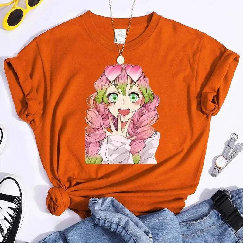 New Kanroji Mitsuri Graphic Print T Shirt Women Summer Casual Round Neck Cozy Short Sleeve Streetwear Fashion Anime Harajuku Tee Orange - Tophatter Daily Deals