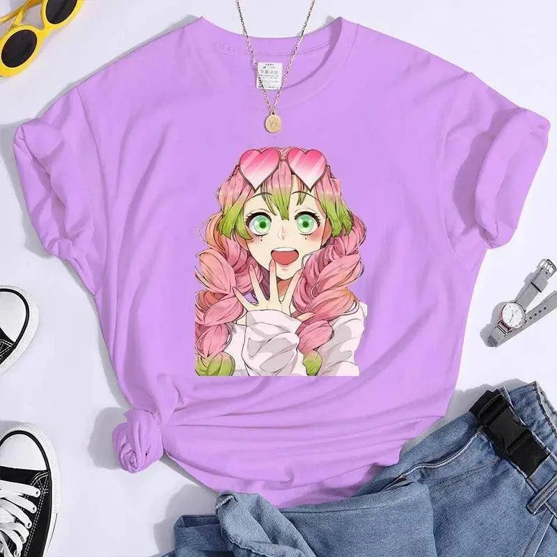 New Kanroji Mitsuri Graphic Print T Shirt Women Summer Casual Round Neck Cozy Short Sleeve Streetwear Fashion Anime Harajuku Tee Purple - Tophatter Daily Deals