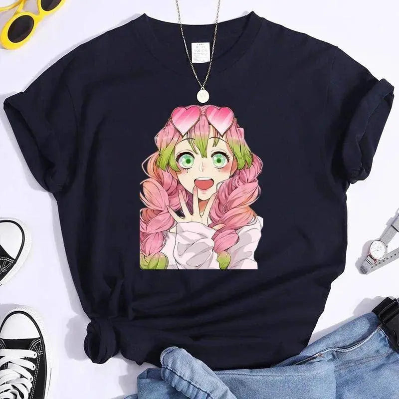 New Kanroji Mitsuri Graphic Print T Shirt Women Summer Casual Round Neck Cozy Short Sleeve Streetwear Fashion Anime Harajuku Tee deep blue - Tophatter Daily Deals