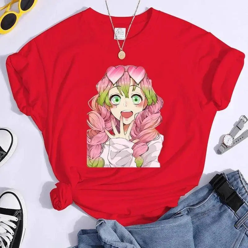New Kanroji Mitsuri Graphic Print T Shirt Women Summer Casual Round Neck Cozy Short Sleeve Streetwear Fashion Anime Harajuku Tee Red - Tophatter Daily Deals