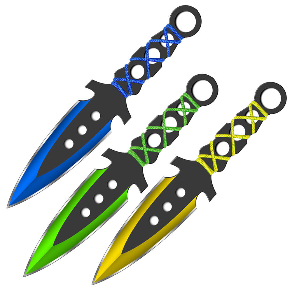 7" Ninja Throwing Knives w/ Sheath Blue Green Yellow - 3 PC Set Knife-Thrower - Tophatter Daily Deals